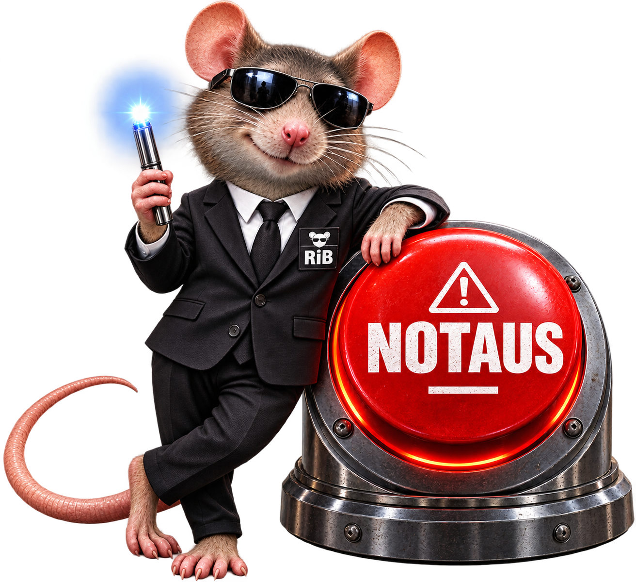 Eine RiB-Ratte (Ratten in Black) steht Wache neben dem NOTAUS-Knopf.