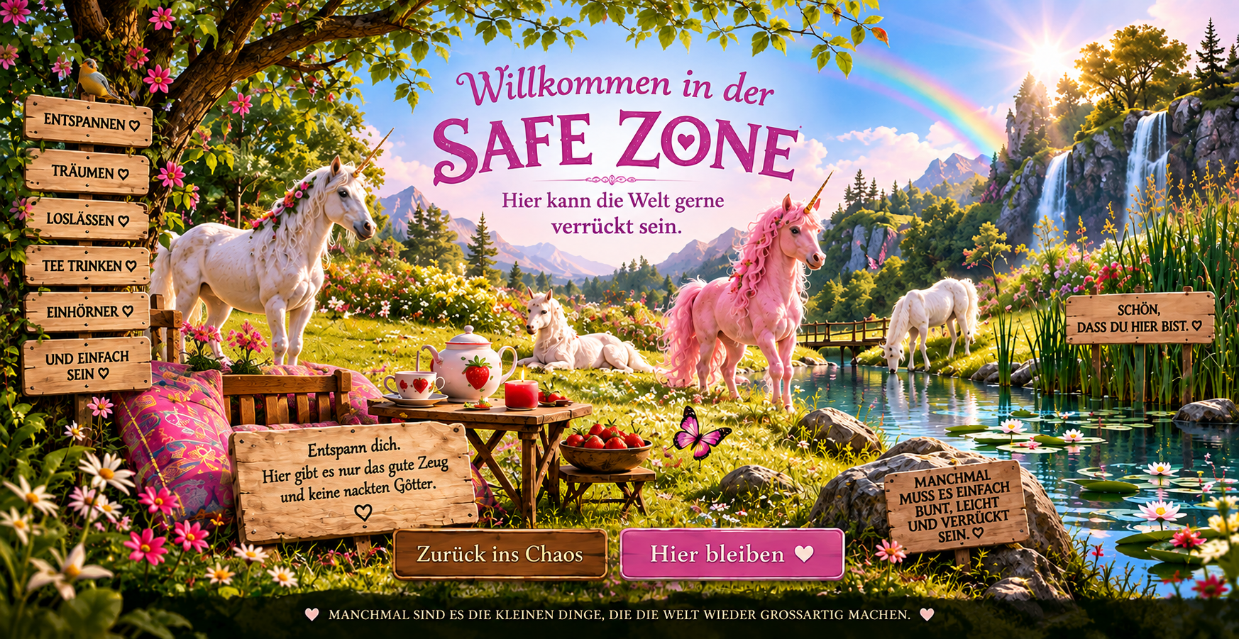 Eine helle, kitschige Blumenwiese mit mehreren Einhörnern, darunter ein rosa Einhorn, einem Teich, einem Wasserfall und einem Regenbogen. Schriftzug 'Willkommen in der Safe Zone. Hier kann die Welt gerne verrückt sein.', darunter die Schaltflächen 'Zurück ins Chaos' und 'Hier bleiben'.