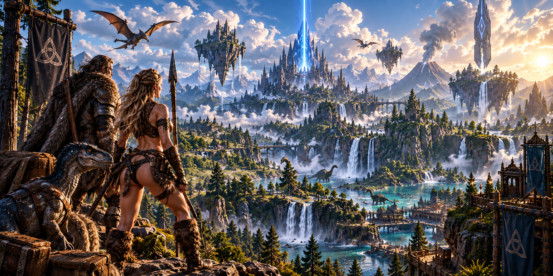 Zwei Survivor blicken von einer Anhöhe auf eine weite Fantasy-Landschaft mit Wasserfällen, schwebenden Inseln und einem leuchtenden Obelisken