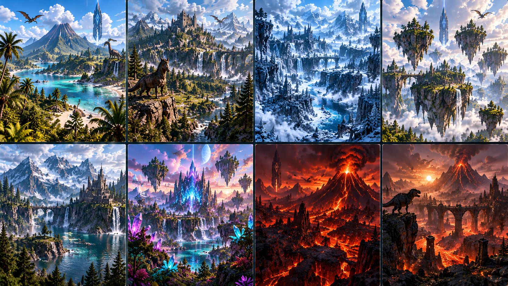 Acht gemalte Kartenausschnitte des Walhalla-Clusters im 4×2-Raster: The Island, Caballus, Svartalfheim, The Center, Fjordur, Crystal Isles, Hope und The Volcano