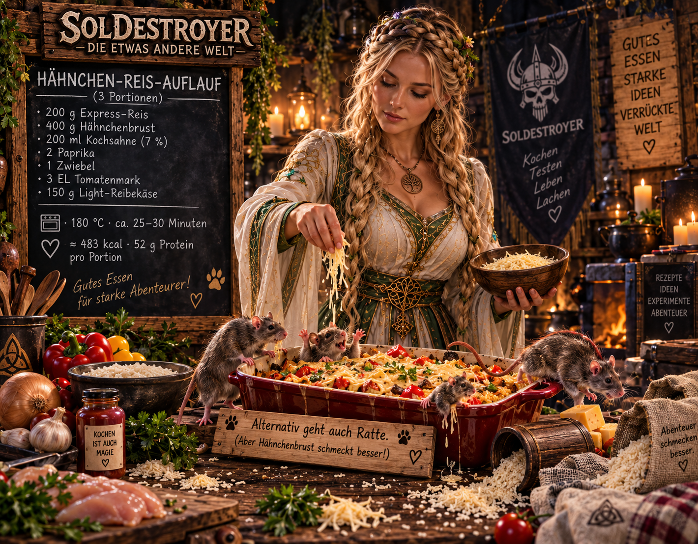 Eir verteilt in einer warmen Fantasy-Küche Reibekäse über einen Hähnchen-Reis-Auflauf in einer roten Auflaufform, um die mehrere Ratten klettern; links eine Kreidetafel mit dem Rezept, drumherum frische Zutaten und ein Schild mit dem Hinweis „Alternativ geht auch Ratte“.